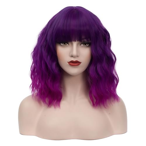 BUFASHION 14" Women Short Wavy Curly Wig Ombre Dark Purple Bob Wig Cosplay Halloween Synthetic Wigs with Side Bang wig (Ombre Dark Purple 1)