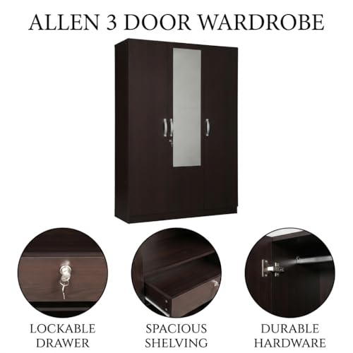 Image of HomeTown Allen Plus 3 Door Wardrobe Walnut (Brown) with Mirror | Wooden Almirah for Bedroom Storage | Modern 3 Door Closet Cabinet | Wardrobe Furniture India