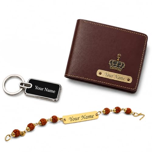 Image of SAVRI Rakshabandhan Gift for Brother | Customized Men's Leather Wallet with Name & Charm, Personalized Metal Keychain & Customized Rudraksha Rakhi with Name | Rakhi Gift for Brother