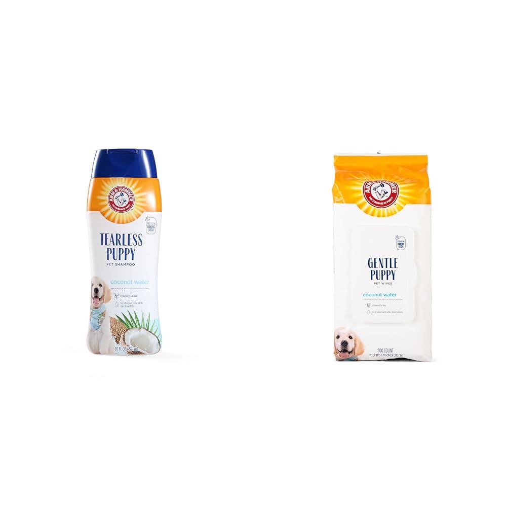 코코넛 워터 향이 나는 ARM HAMMER 강아지 관리 번들: 눈물 없는 샴푸 20FL OZ 및 부드러운 목욕 물티슈 100개 - 상쾌하고 눈물이 없는 강아지에게 적합