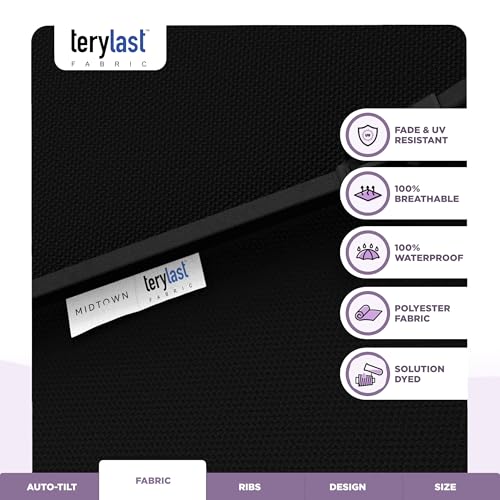 Image of Midtown Umbrellas - 10-Year-No-Fade 9 Ft Patio Umbrella with Terylast Fabric, Auto-Tilt Aluminum Frame and 8 Reinforced Ribs for Deck, Pool, Garden & Beach - Ebony Black Canopy, Black Pole