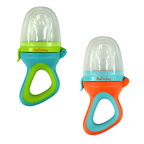 RaZbaby Baby Fruit Feeder/Food Feeder Pacifier (2 Pack) Infant Teething Toy Teether 6M+, Add Baby's Favorite Frozen Fruit or Fresh Food for Teething Relief, Silicone Pouch/Nipple, BPA Free