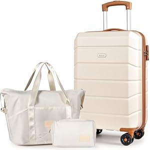 H.yeed Luggage Sets of 3 Piece, Lightweight Trolley Travel Suitcase Set ABS Hard Shell with 4 Spinner Wheels TSA Lock for Man Women, 21" + Duffels Bag & Toiletry Bag, White