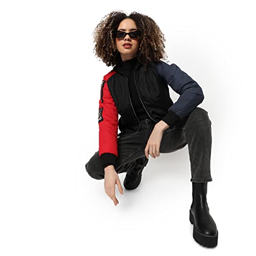Image of Campus Sutra Women Red & Black Puffer Regular Fit Bomber Jacket For Winter Wear | Low-Cut Standing Collar | Full Sleeve | Zipper | Casual Jacket For Woman & Girl | Western Stylish Jacket For Women