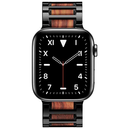 Wolait Compatible With Apple Watch Band 45Mm 44Mm 42Mm, Natural Wood Red Sandalwood With Stainless Steel Metal Link Band For Iwatch Se/Series7/6/5/4/3/2/1 Men #TOP2