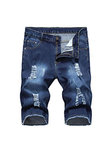 PASOK Men's Casual Denim Shorts Distressed Stretchy Jeans Shorts Ripped Short Pants Dark Blue 36
