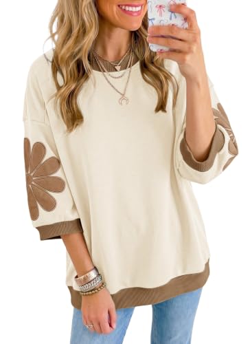Dokotoo Womens Tops Crewneck Loose Fit Patchwork Sweatshirt Beige 2XL