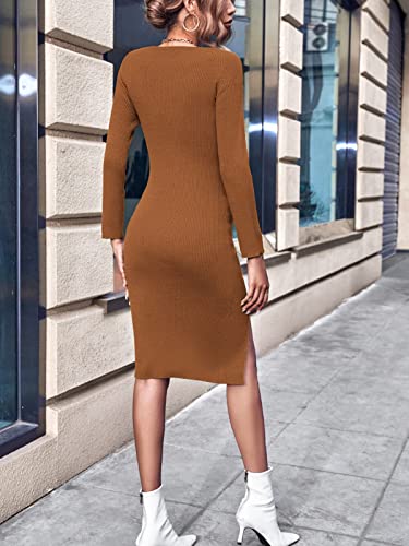 Berthmeer Womens Maxi Sweater Dress Wool Sweater Square Neck Bodycon Long Sleeve Midi Dress Y2K Sweater Brown #TOP4