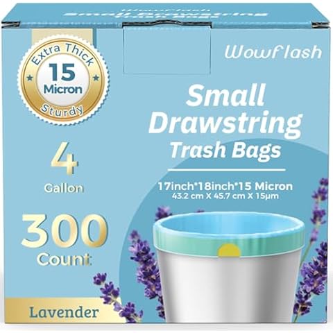 Wowflash 300 Count 15 Micron 4 Gallon Drawstring Trash Bags Cover