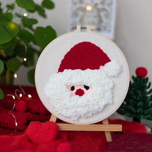 PLANCHOLO Christmas Punch Needle Embroidery Starter Kit Include Punch Needle Fabric with Santa Head Pattern, Yarns, Embroidery Hoops, Instructions and Embroidery Tools for Adults Beginners