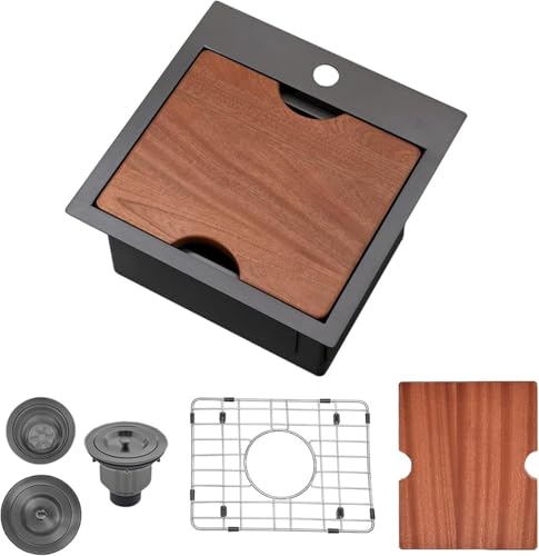 Friho Drop in Black Bar Sink, 15 x 15 Inch Stainless Steel Single Bowl Topmount Kitchen Sink, Handmade Bar Prep Sink,Outdoor Rv Single Bowl Kitchen Bar Sink with Cutting Board by Friho - Used condition - US$73.01
