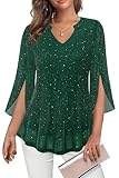 Tencole Cocktail Tops for Women Dressy: Sparkly Party - 3/4 Sleeve Evening Sequin Blouses - Fall Holiday Fancy Shirts Stretchy Women Tunic Layered Glitter Outfits Formal New Years Eve Wedding Green L