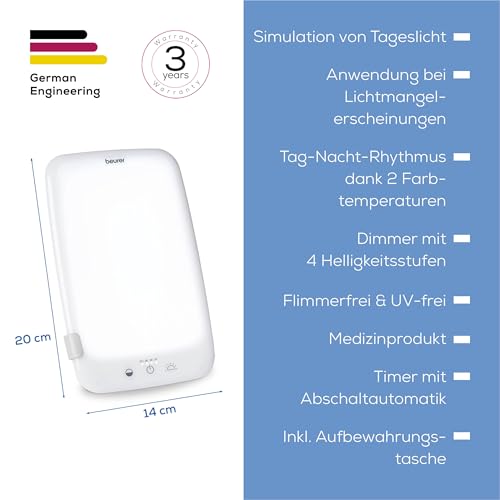 Beurer TL 35 Tageslichtlampe, Simulation von Tageslicht, mit 3 Farbtemperaturen für einen geregelten Tages-Nacht-Rhythmus, 10.000 Lux, Medizinprodukt, abnehmbarer Standfuß, mit Dimmer, Weiß