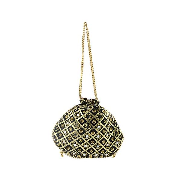 Heart Home Silk Traditional Mirror Work Clutch Potli Batwa Pouch Bag for Women/Girls (Black)-HEART11479 - Image 4