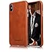 JISONCASE iPhone X/Xs Case Leather, Genuine Leather iPhone X Case with Ultral Thin Hard Back & Shockproof,Wireless Charging Compatible Leather Cover for Apple iPhone Xs 10 X 5.8- Brown