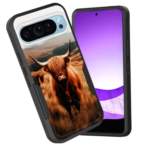 CICPLKSE for Pixel 11 Pro XL Case,Dual Layer Heavy Duty Hybrid Shockproof Hard PC Soft Silicone TPU Bumper Protective Cover Case for Google Pixel 11 Pro XL 6.8 inch 2026,Highland Cow in Field
