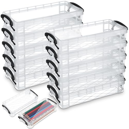 Image of Gueevin 12 Pcs Large Capacity Plastic Pencil Box Clear Plastic Pencil Case Crayon Box with Snap Tight Lid Watercolor Pen Storage Brush Organizer Drawing Tools Container (Grey)