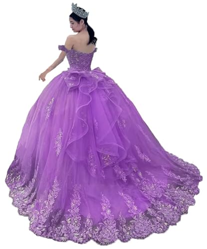 ZVOCY Off The Shoulder Quinceanera Dress Ball Gown Puffy Lace Beaded Prom Sweet 15 16 Dresses with Bow