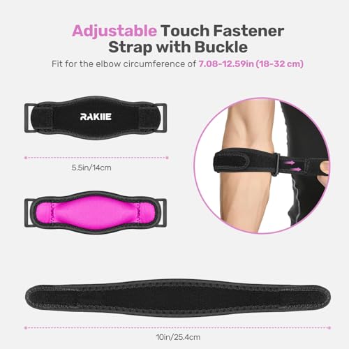 Image of Rakiie Elbow Brace for Tendonitis, Adjustable Golf and Tennis Elbow Relief for Men and Women (2, Rose)