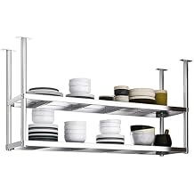 Ceiling Shelf, 2 Layer Stainless Steel Kitchen Floating Shelves, Pot Pan Storage Rack, Industrial Ceiling Mount Shelving for Restaurant Bar80x35x80cm