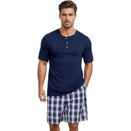Vulcanodon Mens Pajama Set 100% Cotton Short Sleeve Sleepwear Soft Breathable Lounge Set Button Top with Pockets Cozy Pjs (Navy+Navy Plaid,L)