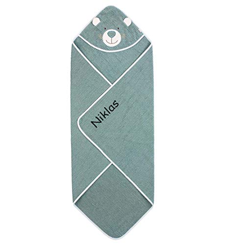 Sterntaler Kapuzenhandtuch Bestickt mit Namen für Baby & Kinder 100x100 cm, Bär Ben Kapuzen-Badetuch Grün gestreift