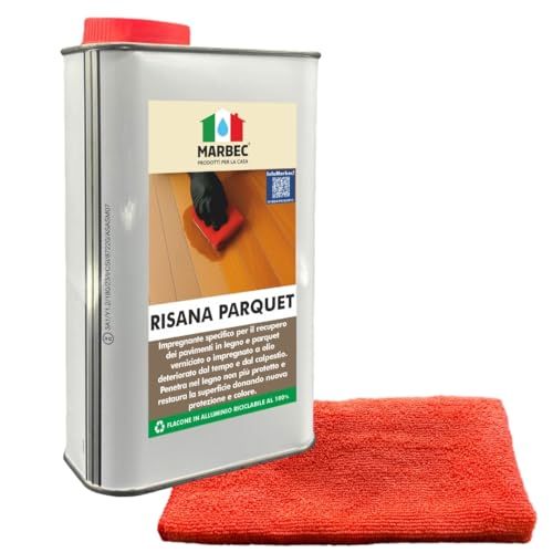 MARBEC RISANA PARQUET 1LT + PANNO MICROFIBRA Impregnante Rigenerante per Pavimenti Usurati in Legno Verniciati e ad Olio