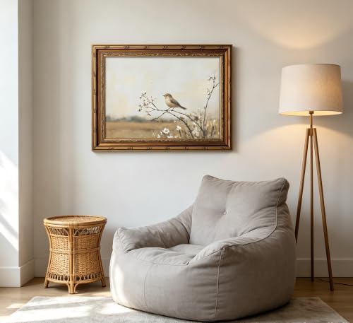 Vintage Gold Framed Bird Wall Art Spring Songbird on Floral Branch Painting Canvas Rustic Nature Woodland Picture Wall Decor Muted Farmhouse Print Artwork For Living Room Bedroom Entryway - 3