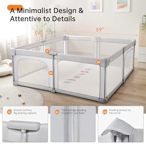 Baby playpenfoldable portable playpen for babies and toddlers59x59play pen with zipper doorbaby play pen indoor outdoor baby fence play area collapsible play yard with travel baglight grey  urban country home decor