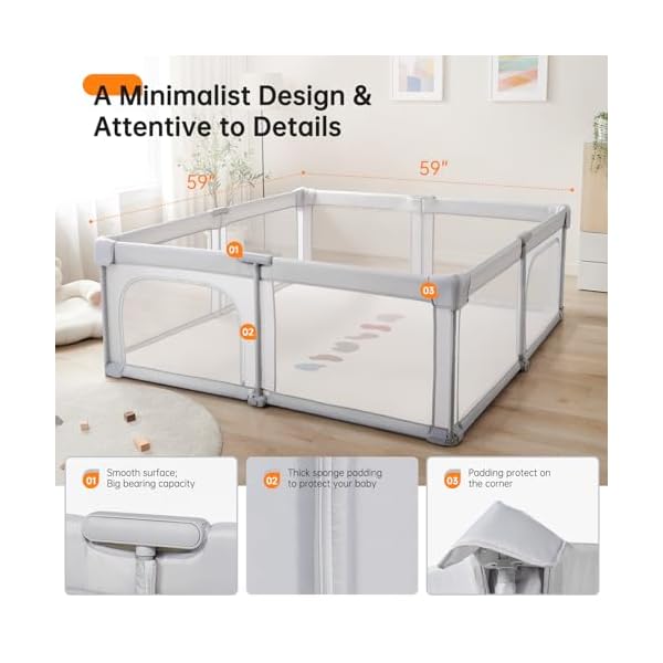 Baby playpenfoldable portable playpen for babies and toddlers59x59play pen with zipper doorbaby play pen indoor outdoor baby fence play area collapsible play yard with travel baglight grey  urban country home decor