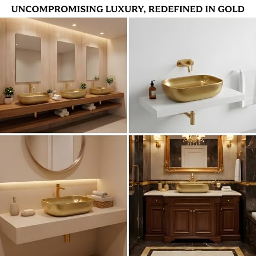 Image of VENICE Bathroom Vanity Sink Countertop Stylish & Durable Ceramic Tabletop Wash Basin Rectangular Vessel Bowl Metallic Golden Glossy Finish
