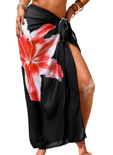 Herseas Women's Sheer Sarong One Size Swim Suit Coverups High Slit 2026 Summer Black Lily Print Chiffon Wraps Knot Side Beach Cover Up Fashionable Casual Vacation Outfits