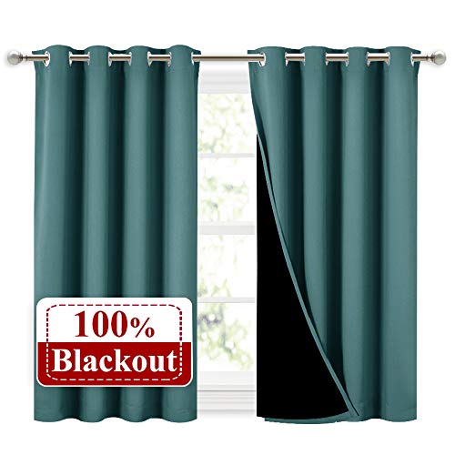NICETOWN Small 100% Blackout Curtains with Black Liners, Thermal Insulated 2-Layer Lined Drapes, Energy Efficiency Window Draperies for Dining Room (Sea Teal, 2 Panels, 52-inch W by 45-inch