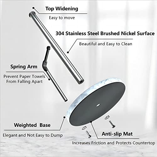 Vannesse Paper Towel Holder Countertop With Weighted Non-Slip Base For Kitchen,Marble Paper Towel Holder Stand With Spring Arm(Brushed Nickel) #TOP4