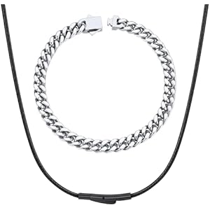ChainsHouse 2MM 24 inches Braided Leather Necklace + 5MM 19cm Cuban Wrist Chain Bracelet for Men