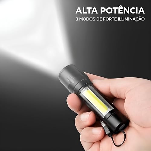 Lanterna Tática LED Recarregável USB – Potente, Zoom Ajustável, 3 Modos de Luz + COB Lateral, Resist