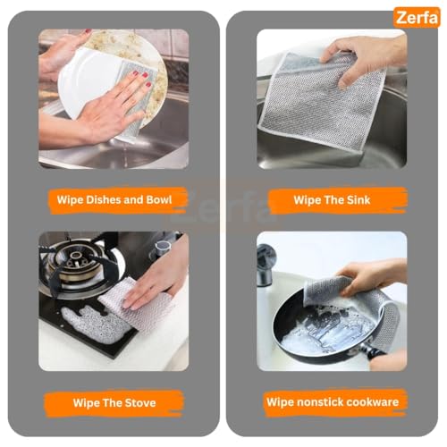 Image of Zerfa 6 Pcs Non-Scratch Wire Dishcloth, Multipurpose Wire Dishwashing Scrubber for Wet and Dry, Easy Rinsing, Reusable, Wire Cleaning Cloth for Kitchen, Sinks, Pots, Pans