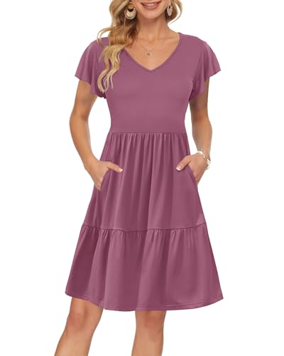 AUSELILY Damen Sommerkleid Rüschen Kurzarm Elegante V-Ausschnitt Kleider Swing Knielanges A-Linie Freizeit Strandkleid Gestuftes Kleider mit Tasche...