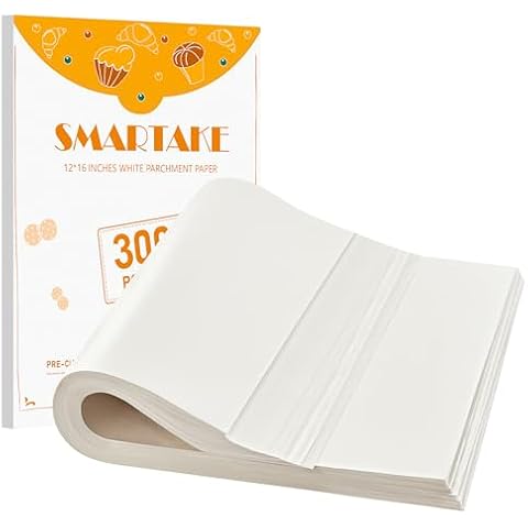SMARTAKE 300 Pcs Parchment Paper Baking Sheets, 12x16 Inch Pre-Cut Baking Parchment, Non-Stick Kitchens Cookie Baking Paper, for Oven Grilling Air Fryer Steaming Bread Cake Cookie Meat Pizza (White) Cover