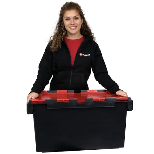Image of Plastor Large Plastic 80 Litre Heavy Duty Storage Boxes (71 x 46 x 36.8cm) Black and Red LC3 Crates with Attached Hinged Lids (x1)