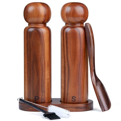 Uallsny Pfeffermühle Holz Salzmühle Manuell Gewürzmühle Salz und Pfeffermühle mit verstellbarem Keramikmahlwerk 2er Set mit Untersetzer für Pfeffer Salz Gewürze Höhe 20 cm