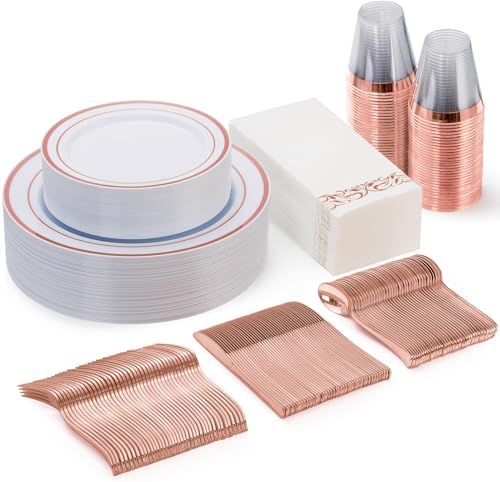 Goodluck 175 Piece Rose Gold Dinnerware Set for 25 Guests, Plastic Plates Disposable for Party, Include: 25 Dinner Plates, 25 Dessert Plates, 25 Paper Napkins, 25 Cups, 25 Silverware Set
