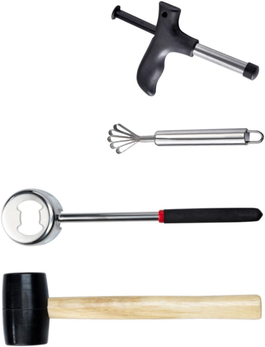 Coconut Opener Kit Stainless Steel Scraper Hammer 4-Piece Coconuts Opening Tools Set for Home Use Easy to Open