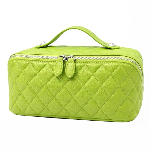 Cuteseason PU Leather Makeup Bag for Women, Structured Makeup Case with Wide Opening, Travel Cosmetic Bag with Compartments and Handle, Water-Resistant Makeup Organizer(Green Diamond Quilted)