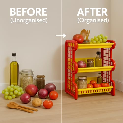 Image of Multipurpose 3-Layer Plastic Storage Compact Kitchen Organizer Combines Dish Rack Washing Basket Space-Saving Design Ideal for Kitchens Home Bathroom Yellow