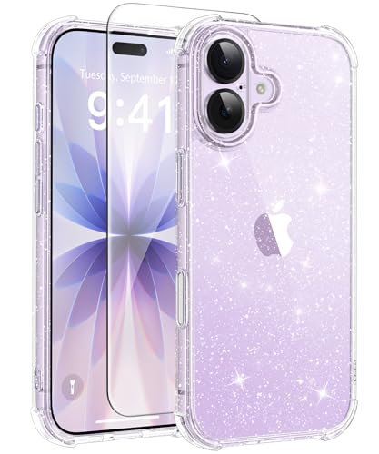 BERFY for iPhone 17 Case for Women, Clear Glitter Shockproof Protective Case, Anti-Yellowing, with Screen Protector & Camera Lens Protector 6.3", Sparkle Clear