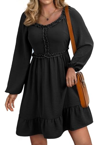 Dokotoo Womens Dresses 2026 Long Sleeve Empire Waist Casual Ruffle Smocked Mini Dresses Black Large