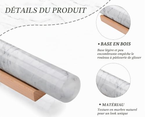 GMYIAK Rouleau à pâtisserie en marbre avec support en bois, rouleau à pâtisserie anti-adhésif pour pain, pâte à pizza, croûte, pâtisserie, biscuits (blanc, 30 cm) – vue 3