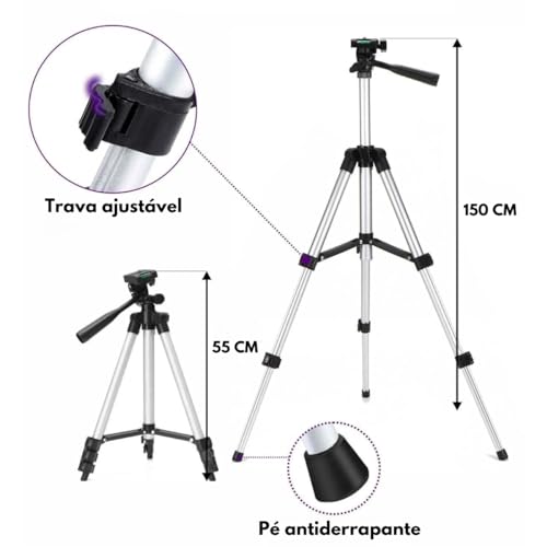 Tripé para Câmera e Celular 150 cm com Nível, Bolsa e Suporte de celular