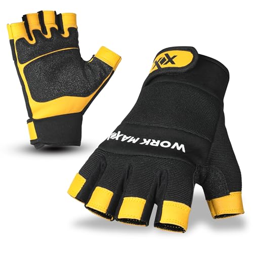 Fingerless Working Gloves for Men Performance Heavy Duty Half-Finger Work Gloves Mechanic Anti Slip Safety Gloves for Work Warehouse Training Dexterity Carpenters Rigger Gloves (leather, large)